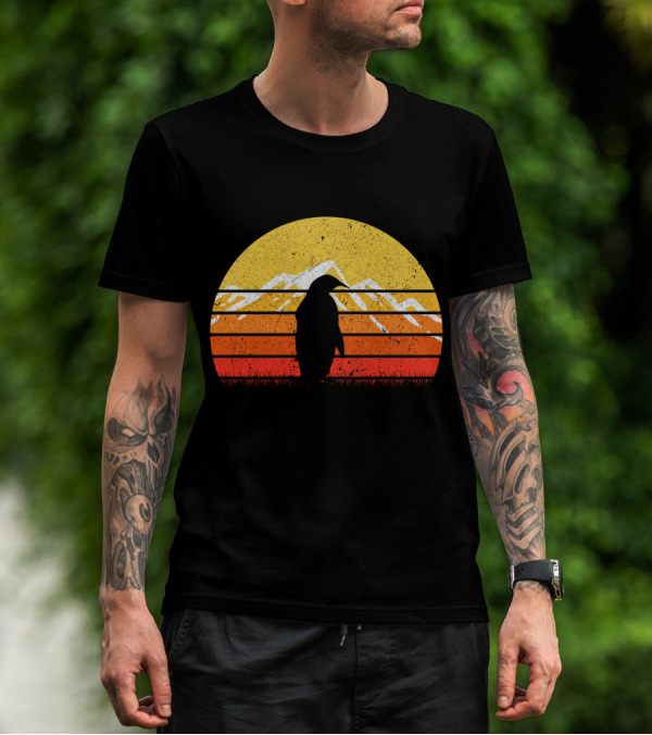 Retro Vintage Penguin Sunset Mountain T-Shirt