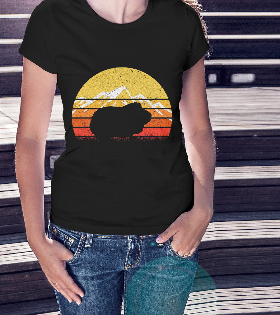 Retro Vintage Guinea Pig Silhouette With Mountain Sunset T-Shirt