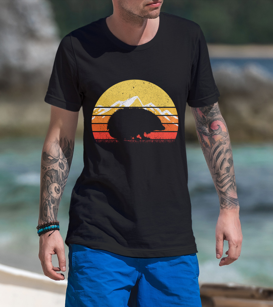 Retro Vintage Hedgehog Silhouette Against Sunset Mountain Stripe Circle T-Shirt