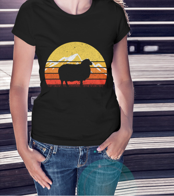 Retro Vintage Sheep Sunset With Mountains T-Shirt