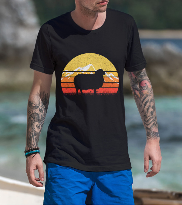 Retro Vintage Sheep Sunset With Mountains T-Shirt