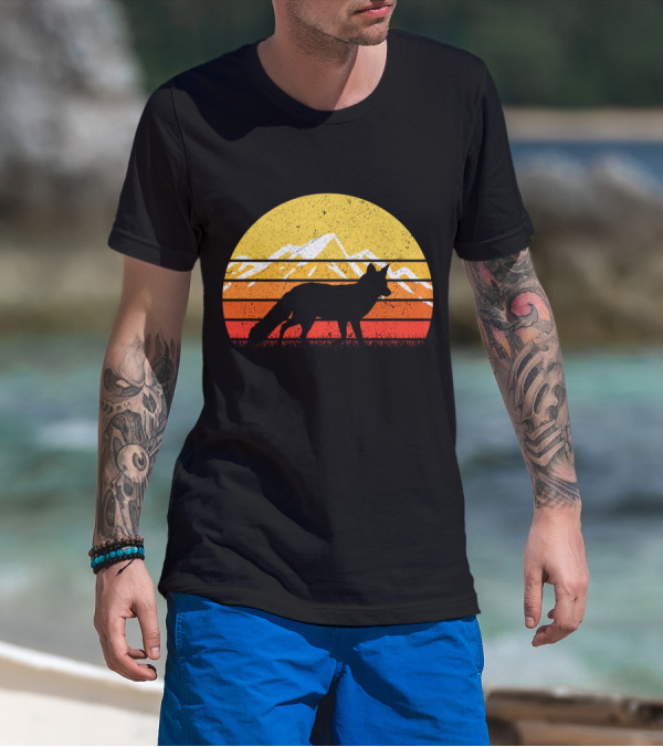 Retro Vintage Fox Silhouette With Mountains And Sunset Stripes T-Shirt