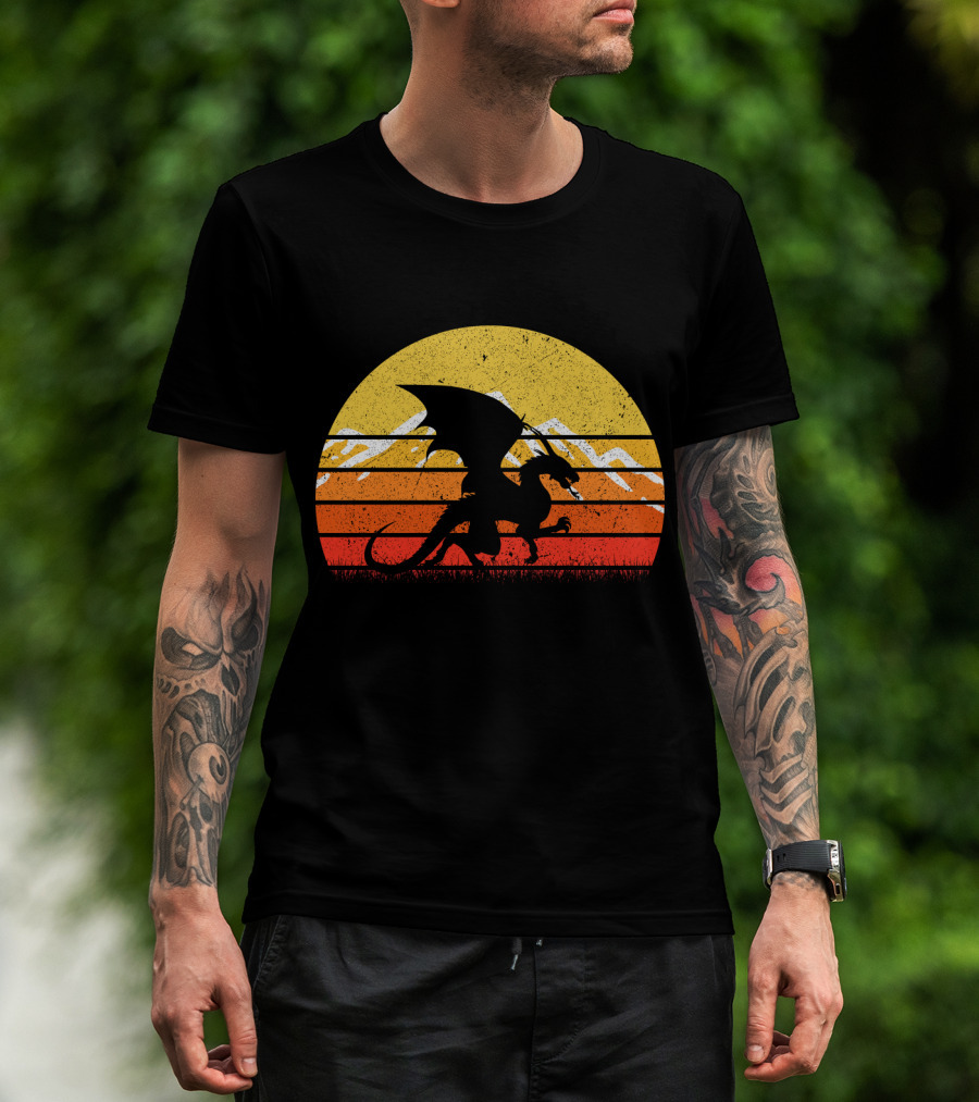 Retro Vintage Dragon With Silhouette And Sunset Mountains T-Shirt