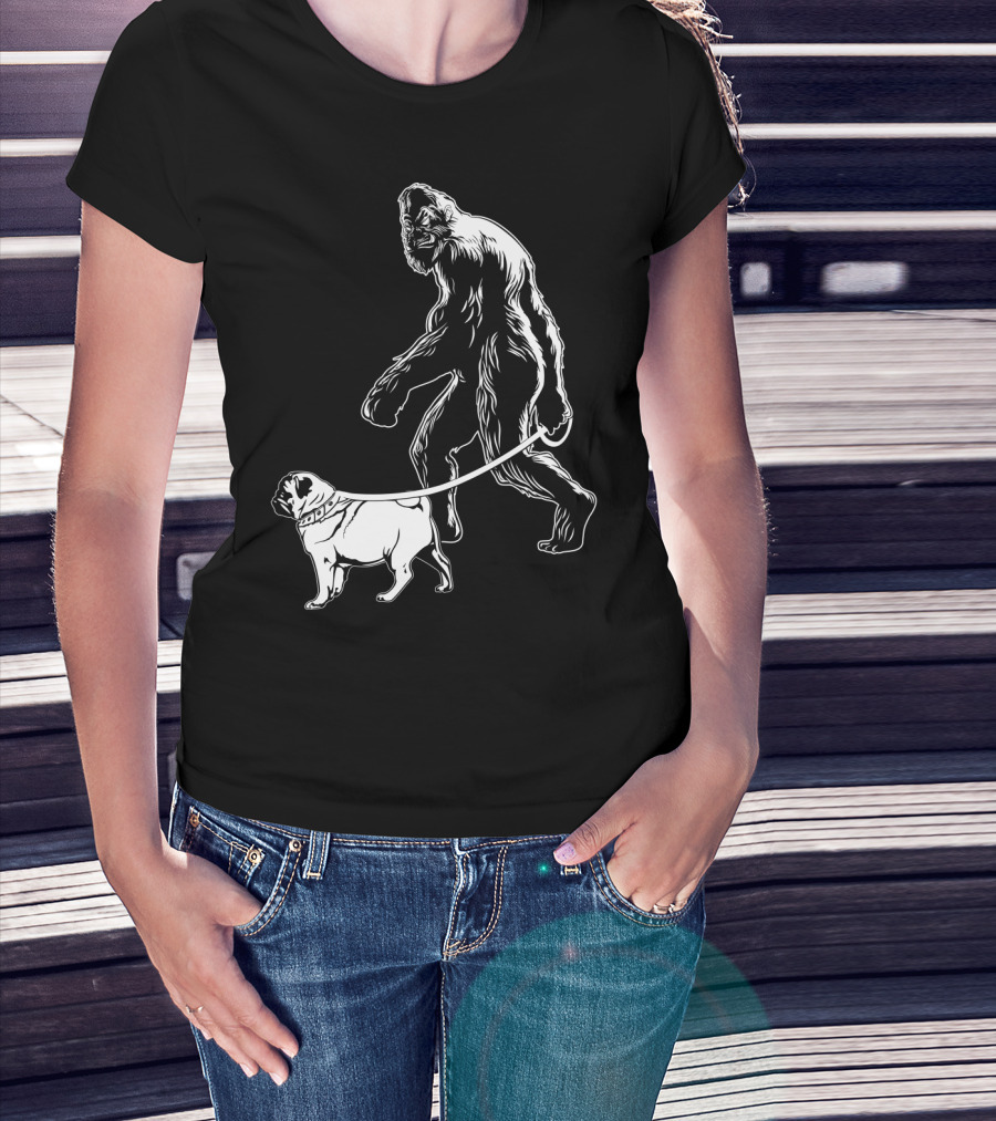 Bigfoot Walking A Pug Dog T-Shirt