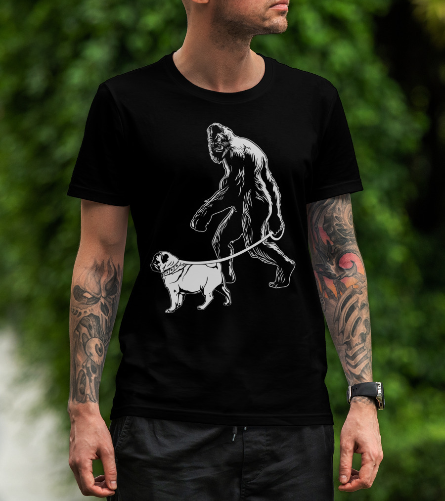 Bigfoot Walking A Pug Dog T-Shirt