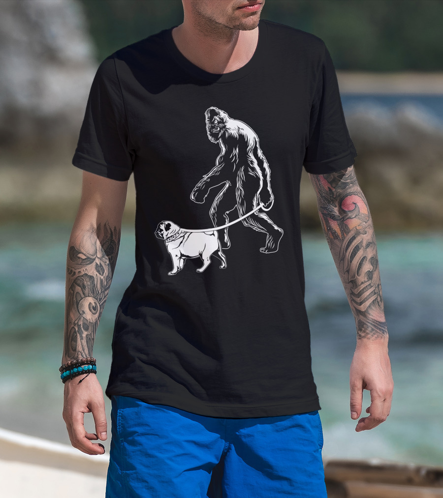 Bigfoot Walking A Pug Dog T-Shirt