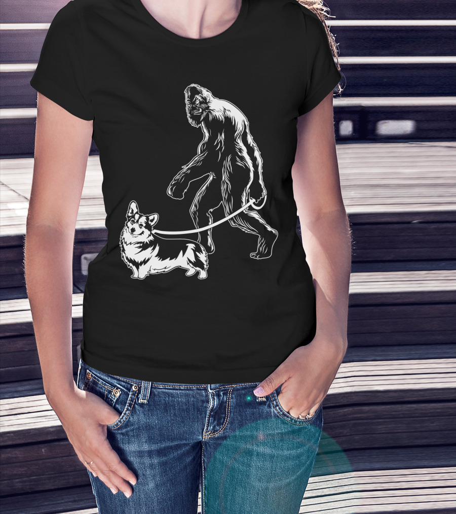 Bigfoot Walking Corgi Dog T-Shirt