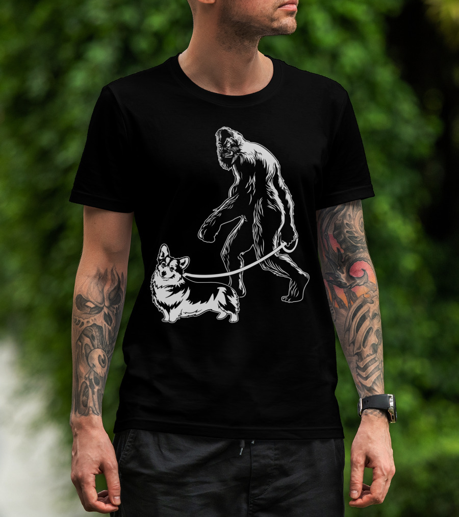 Bigfoot Walking Corgi Dog T-Shirt