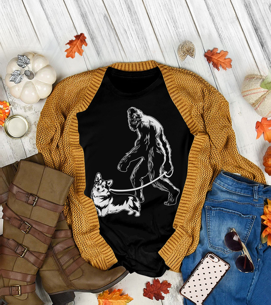 Bigfoot Walking Corgi Dog T-Shirt
