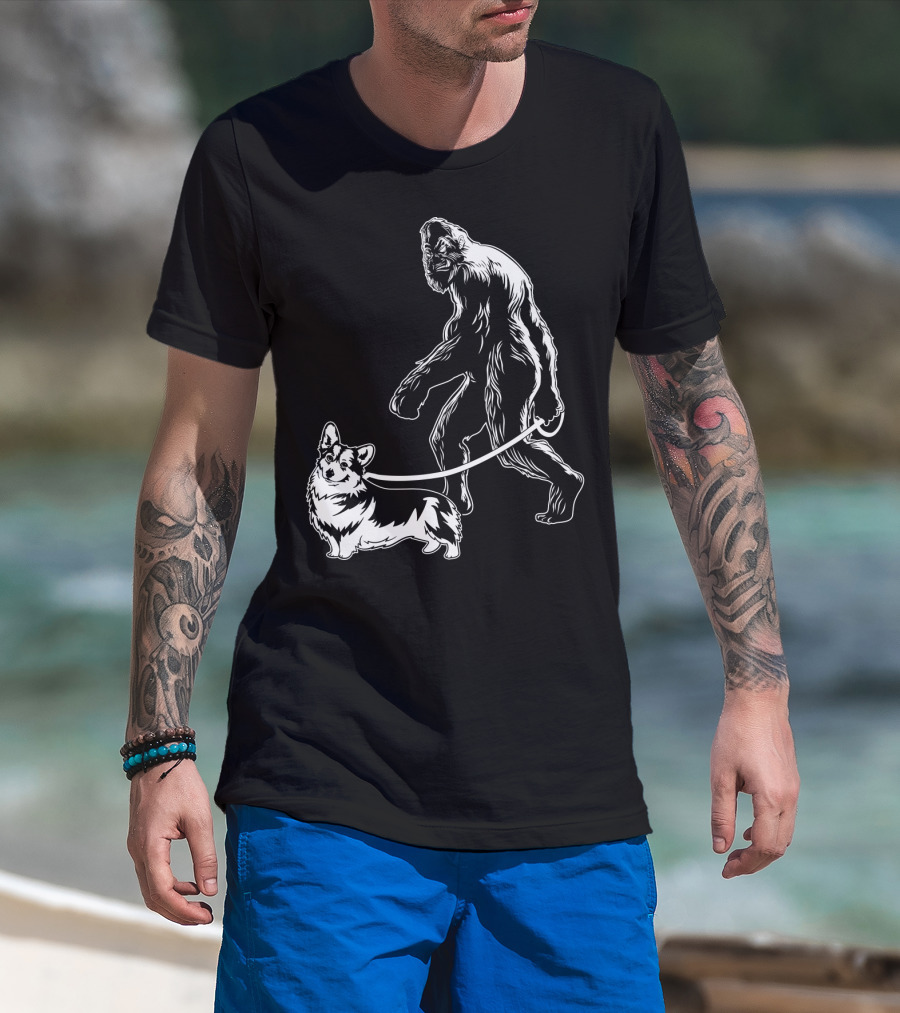 Bigfoot Walking Corgi Dog T-Shirt