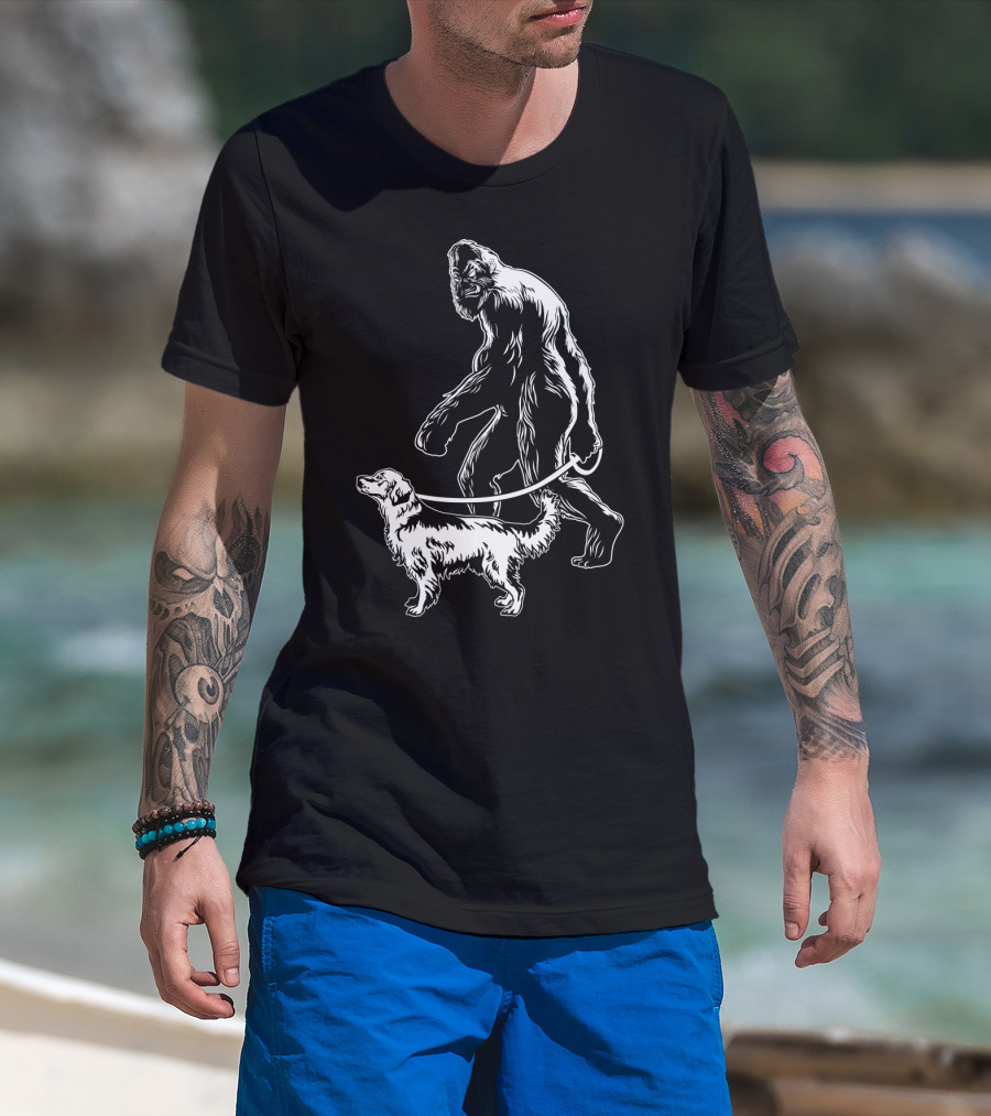 Bigfoot Walking Golden Retriever Dog T-Shirt