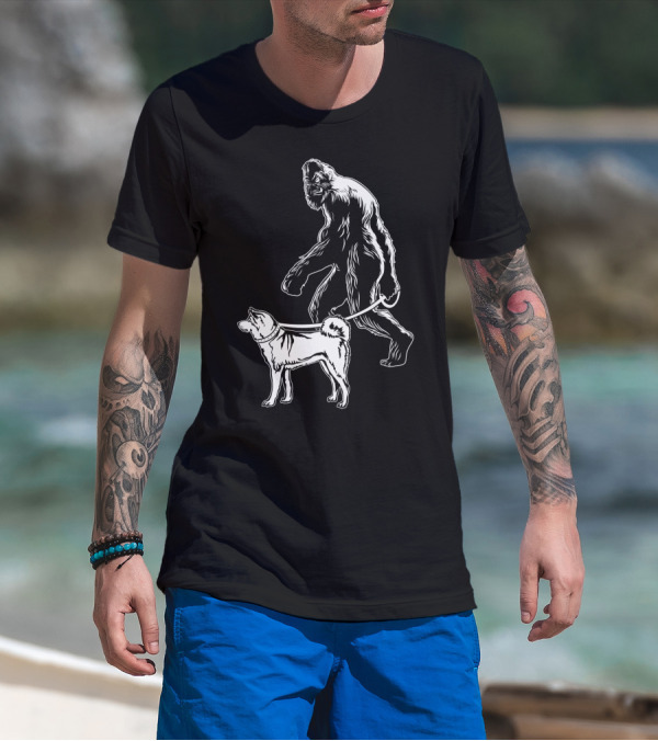 Bigfoot Walking Akita Dog T-Shirt