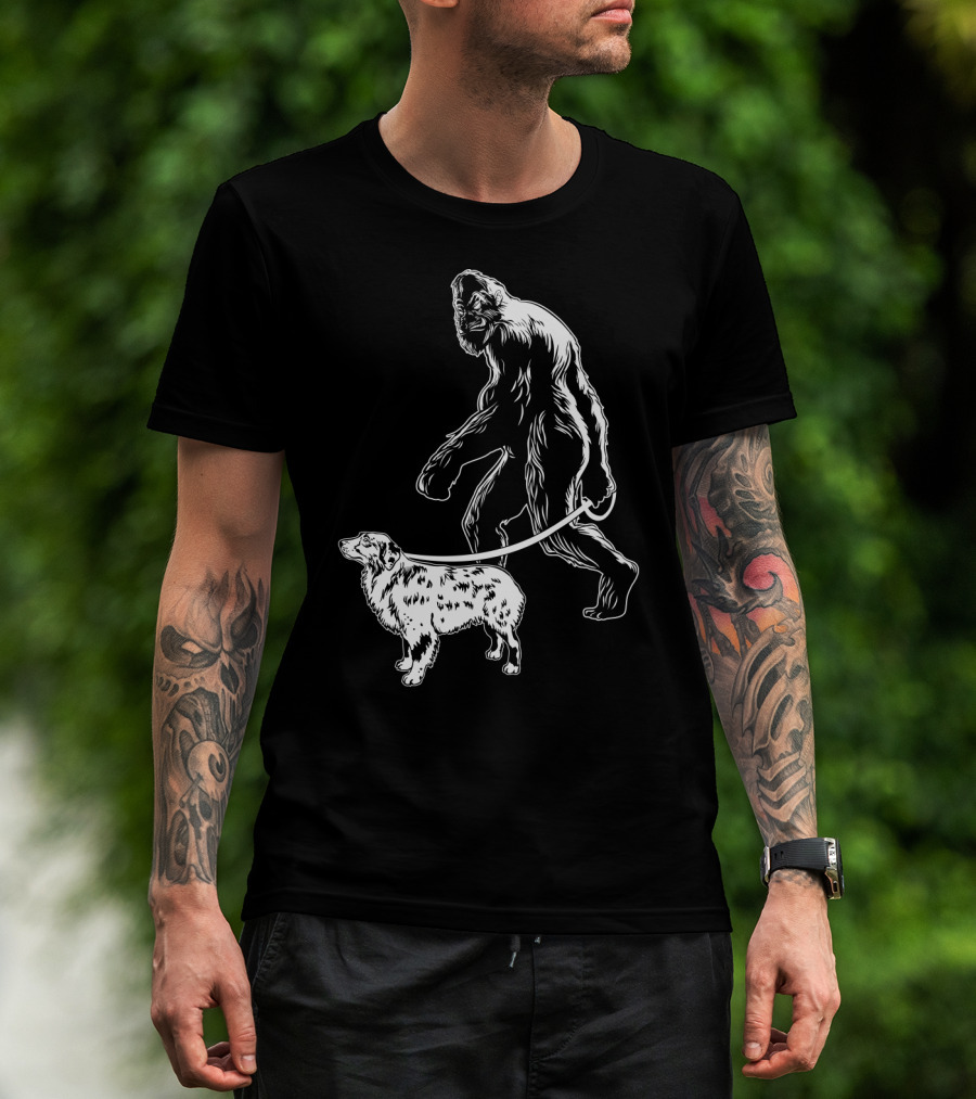 Bigfoot Walking Australian Shepherd Dog T-Shirt