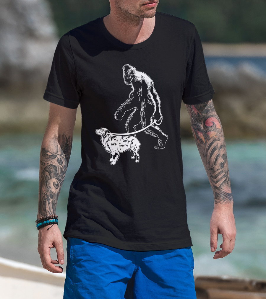 Bigfoot Walking Australian Shepherd Dog T-Shirt