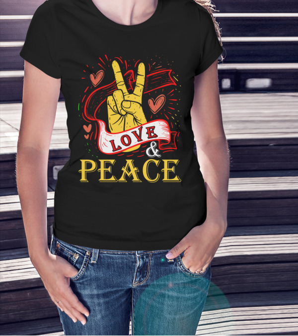 LOVE And PEACE Hand Gesture With Hearts And Banner T-Shirt