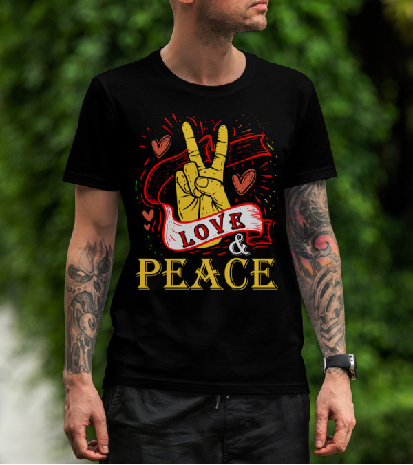 LOVE And PEACE Hand Gesture With Hearts And Banner T-Shirt