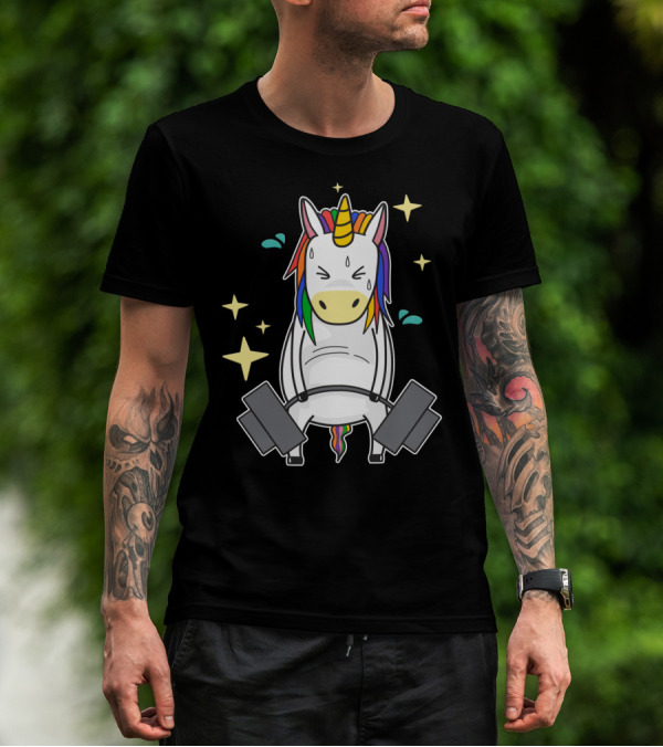 Unicorn Weightlifting Fitness Gym Sweat Rainbow Mane Stars T-Shirt