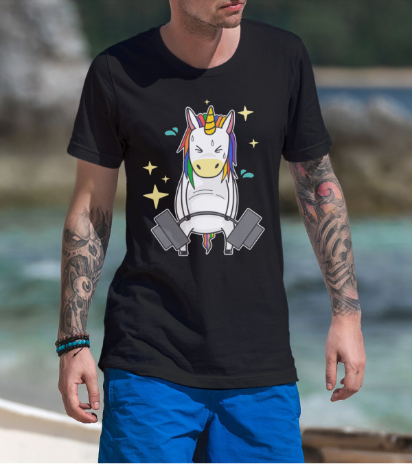 Unicorn Weightlifting Fitness Gym Sweat Rainbow Mane Stars T-Shirt
