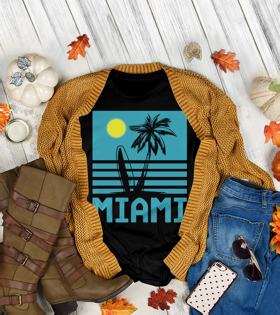 Miami Surf Palm Sunset Retro T-Shirt