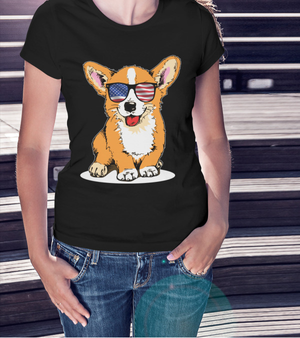Corgi In American Flag Sunglasses 4th Of July Patriotic Merica T-Shirt