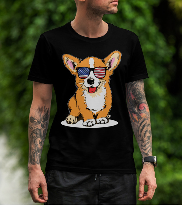Corgi In American Flag Sunglasses 4th Of July Patriotic Merica T-Shirt