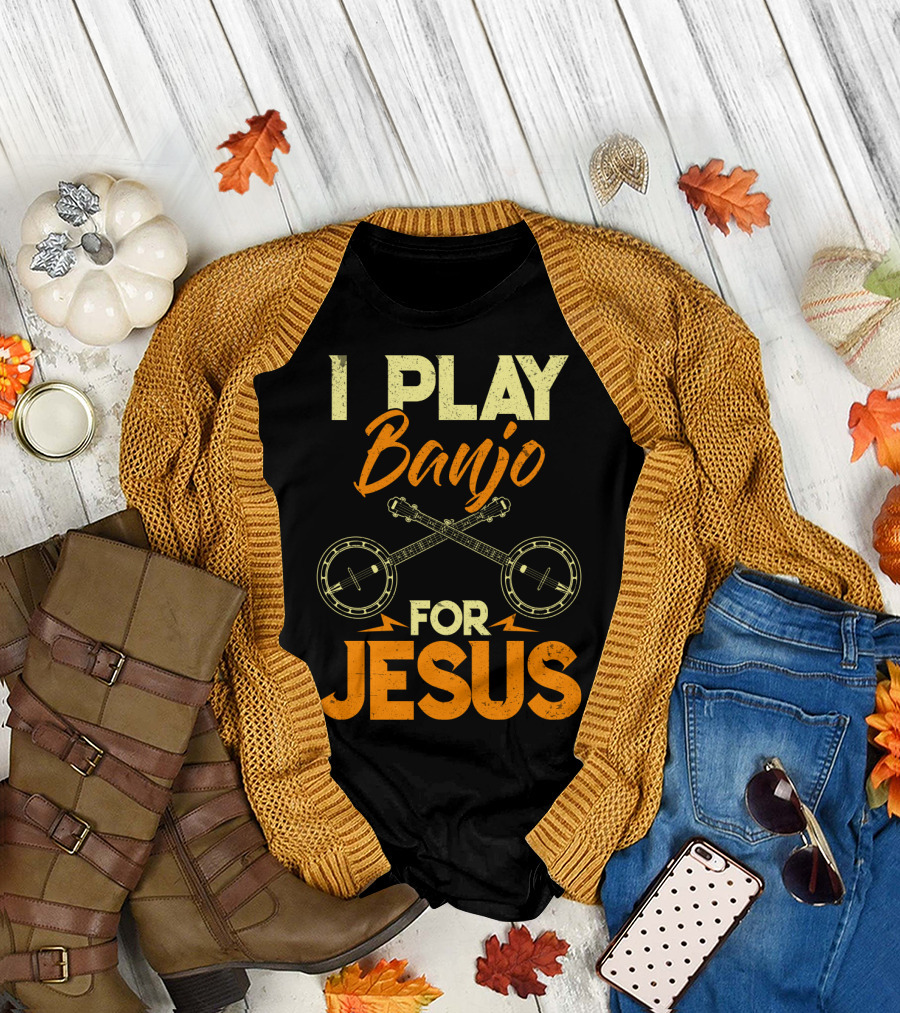 I Play Banjo for Jesus with Crossed Banjos in Orange T-Shirt