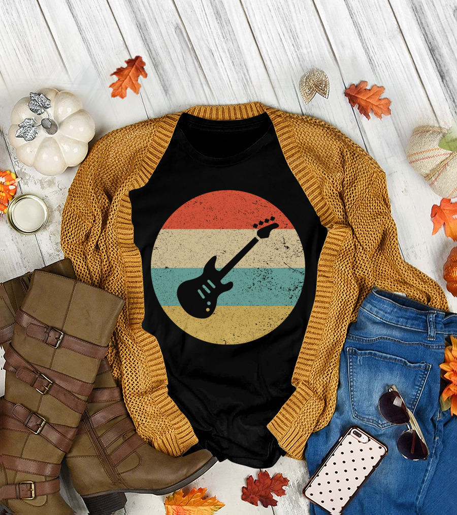 Vintage Retro Bass Guitar Silhouette Sunset Stripes T-Shirt