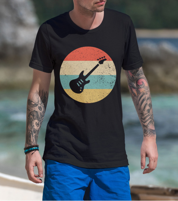 Vintage Retro Bass Guitar Silhouette Sunset Stripes T-Shirt