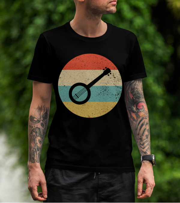 Retro Banjo Silhouette On Vintage Striped Circle T-Shirt