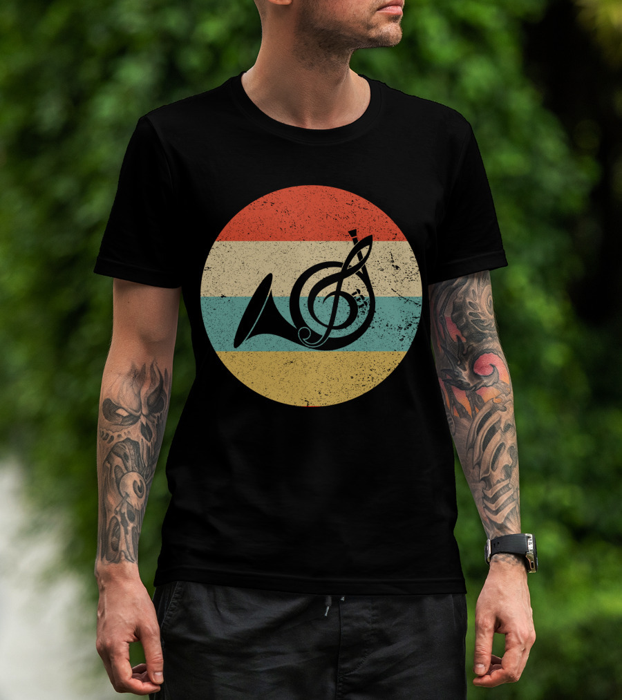 Vintage Retro Treble Clef French Horn Circle T-Shirt