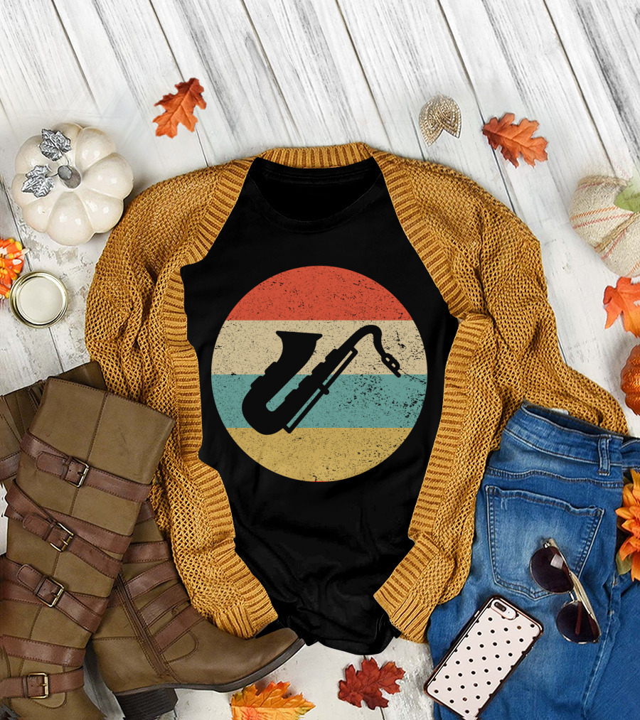 Retro Saxophone Circle Stripes Vintage T-Shirt