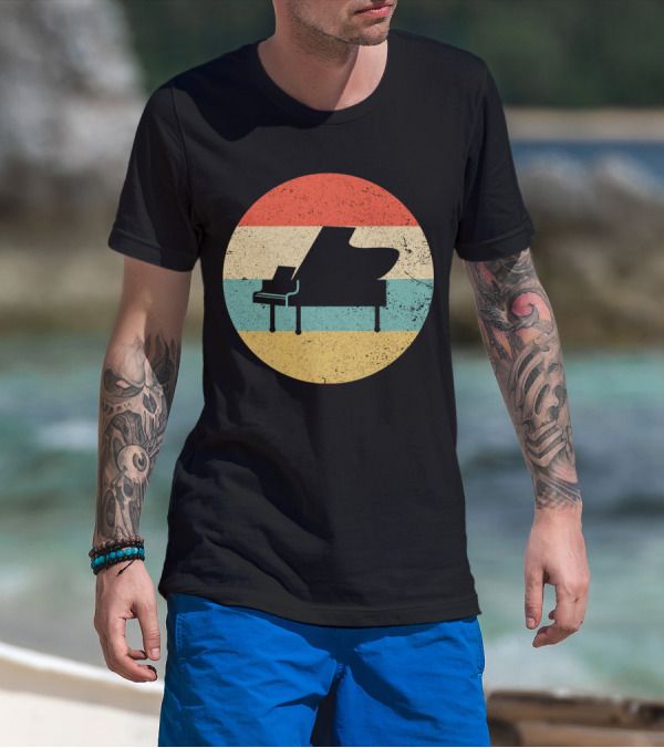 Vintage Retro Piano Silhouette With Stripes T-Shirt