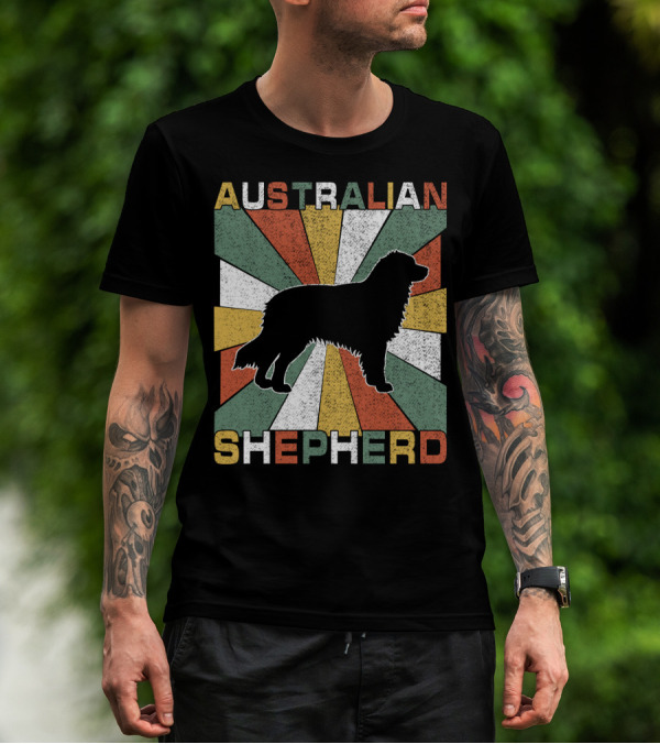 Australian Shepherd Dog Silhouette Retro 70s T-Shirt