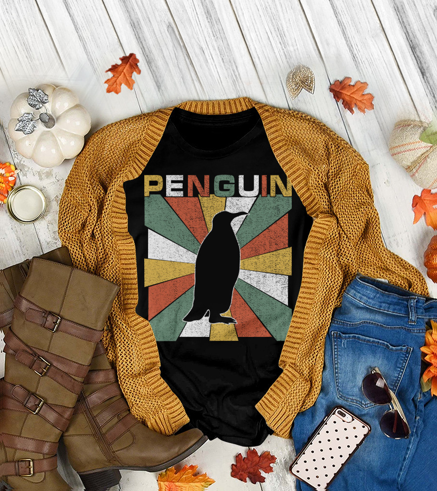 Penguin 70s Silhouette Vintage Retro Sunburst T-Shirt