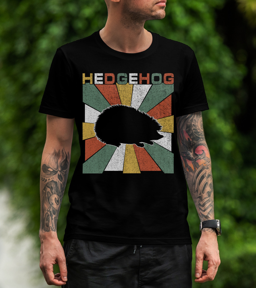 Hedgehog Retro 70s Silhouette Vintage Stripe Burst T-Shirt