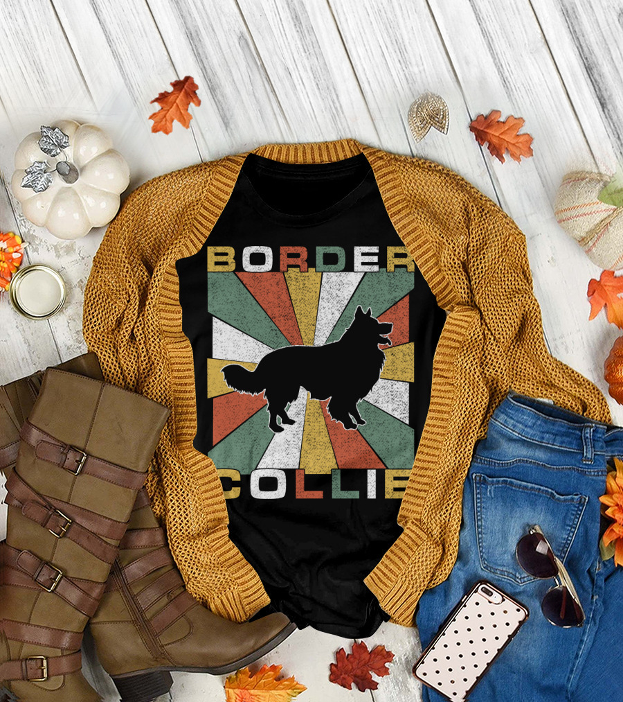 Border Collie Retro 70s Silhouette Radiant Stripes T-Shirt
