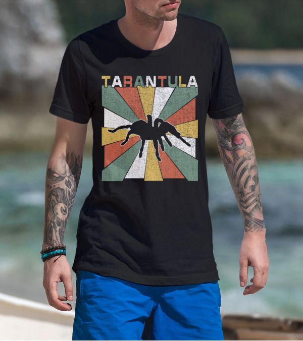 Tarantula Retro 70s Vintage Silhouette With Colorful Geometric Background T-Shirt