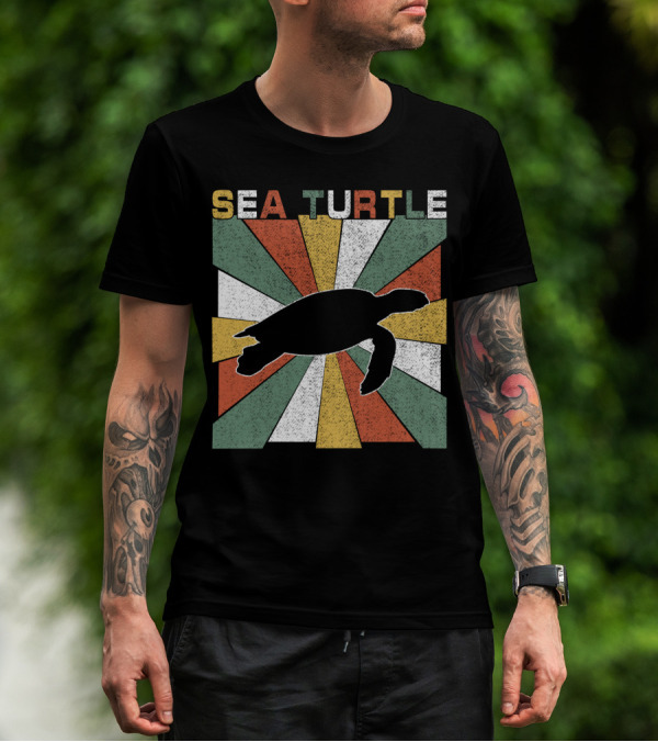 Sea Turtle Retro 70s Vintage Silhouette Distressed Color Blocking T-Shirt