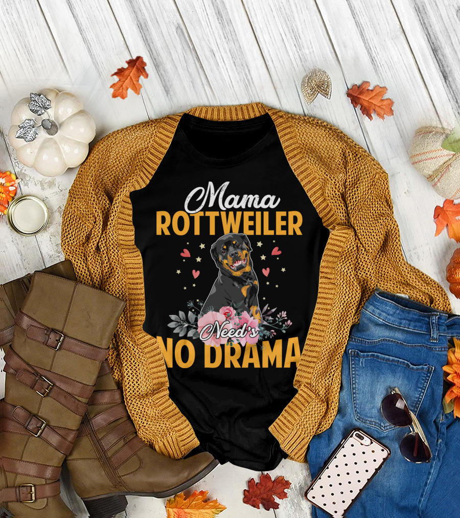 Mama Rottweiler Need's No Drama with Hearts and Floral T-Shirt