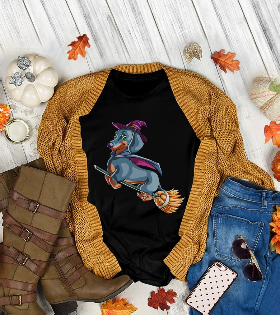 Halloween Dachshund Witch Costume Funny Scary T-Shirt