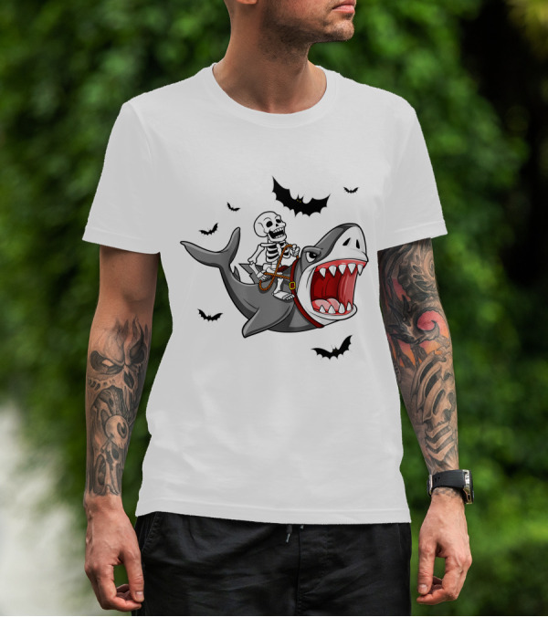 Skeleton Riding Shark With Bats T-Shirt