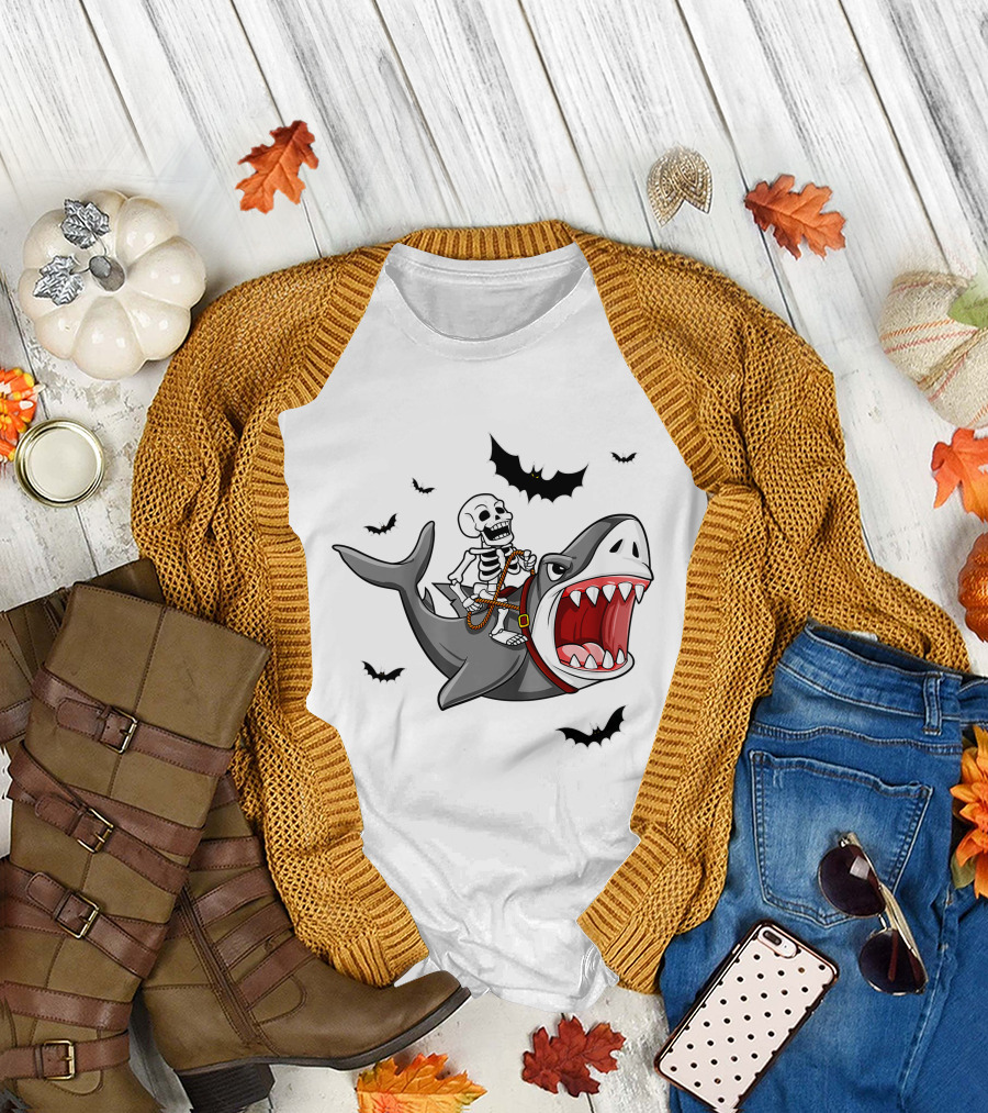 Skeleton Riding Shark with Bats T-Shirt