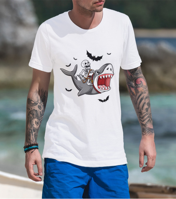 Skeleton Riding Shark With Bats T-Shirt