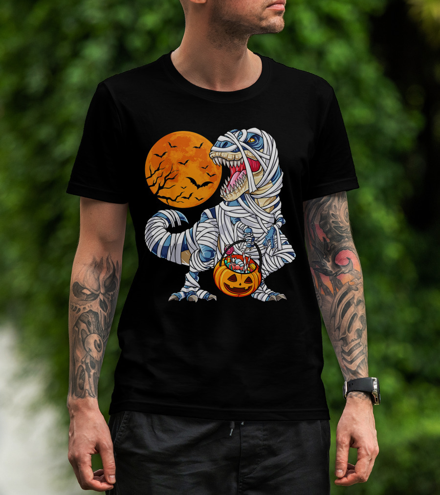Halloween Dinosaur T-Rex Mummy Pumpkin Moon Bats T-Shirt