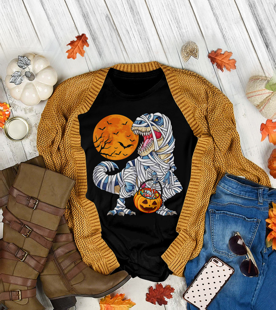 Halloween Dinosaur T-Rex Mummy Pumpkin Moon Bats T-Shirt