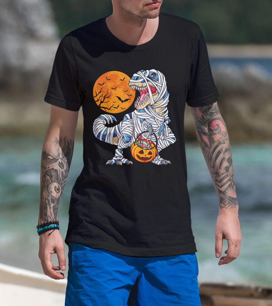 Halloween Dinosaur T-Rex Mummy Pumpkin Moon Bats T-Shirt
