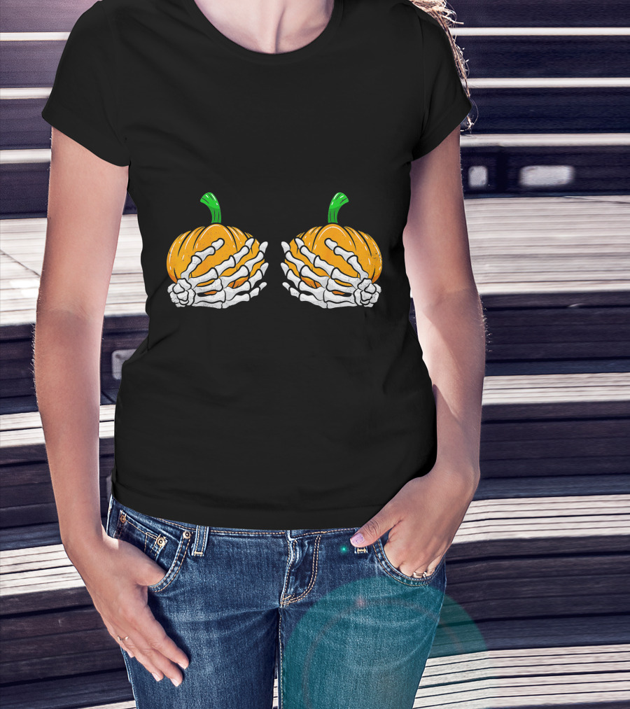 Halloween Pumpkin Skeleton Hands Bra T-Shirt
