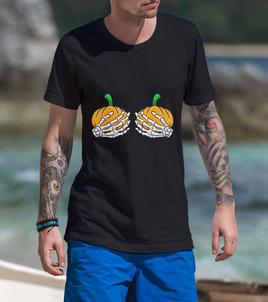 Halloween Pumpkin Skeleton Hands Bra T-Shirt