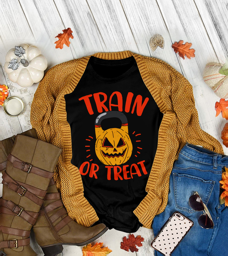 Train or Treat Pumpkin Kettlebell T-Shirt
