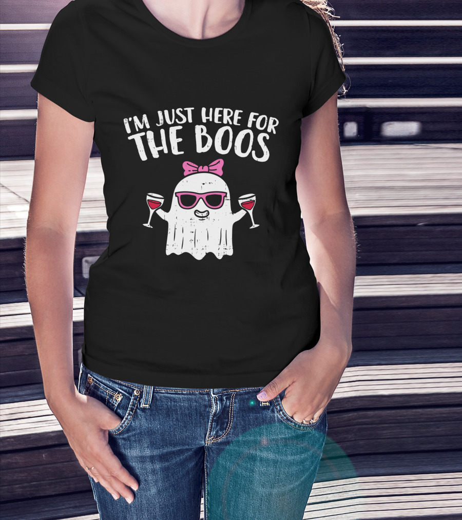 I'm Just Here For The Boos Ghost With Wine Glasses Halloween T-Shirt